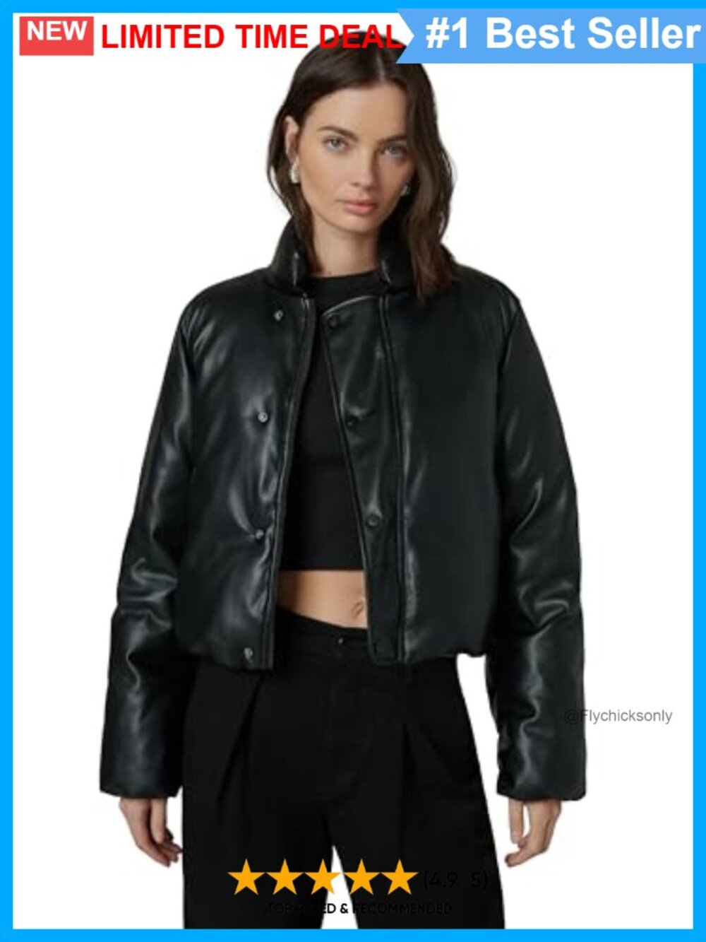 Vegan Leather Bomber Jacket Bubble Hem Cropped Zip Snap